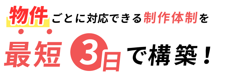 物件ごとに対応できる制作体制を最短3日で構築！